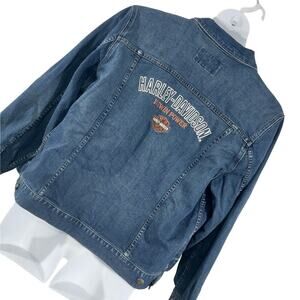 HARLEY DAVIDSON! BACK BIG EMBROIDERED LOGO CLASSIC BLUE DENIM JEAN JACKET! SZ 1X